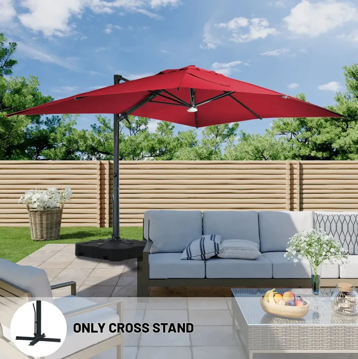 10x13 ft. 360° Rotation Square Cantilever Patio Umbrella with Bluetooth Speaker and LED Light in Red