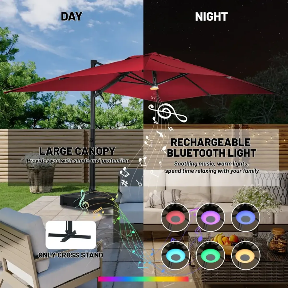 10x13 ft. 360° Rotation Square Cantilever Patio Umbrella with Bluetooth Speaker and LED Light in Red