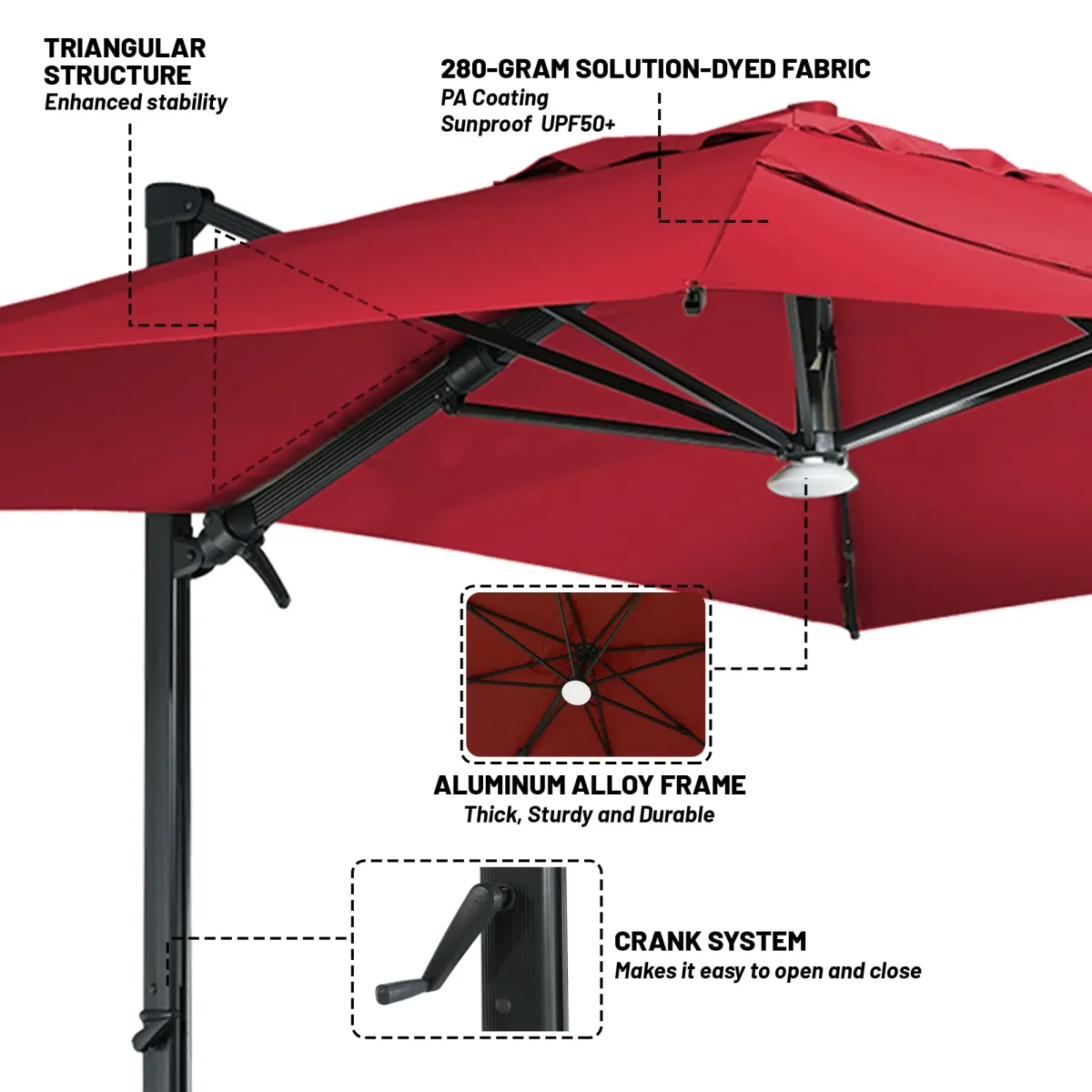 10x13 ft. 360° Rotation Square Cantilever Patio Umbrella with Bluetooth Speaker and LED Light in Red