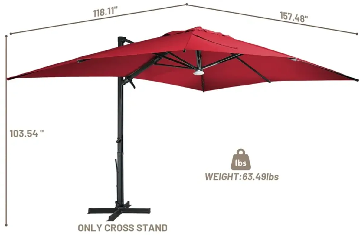 10x13 ft. 360° Rotation Square Cantilever Patio Umbrella with Bluetooth Speaker and LED Light in Red