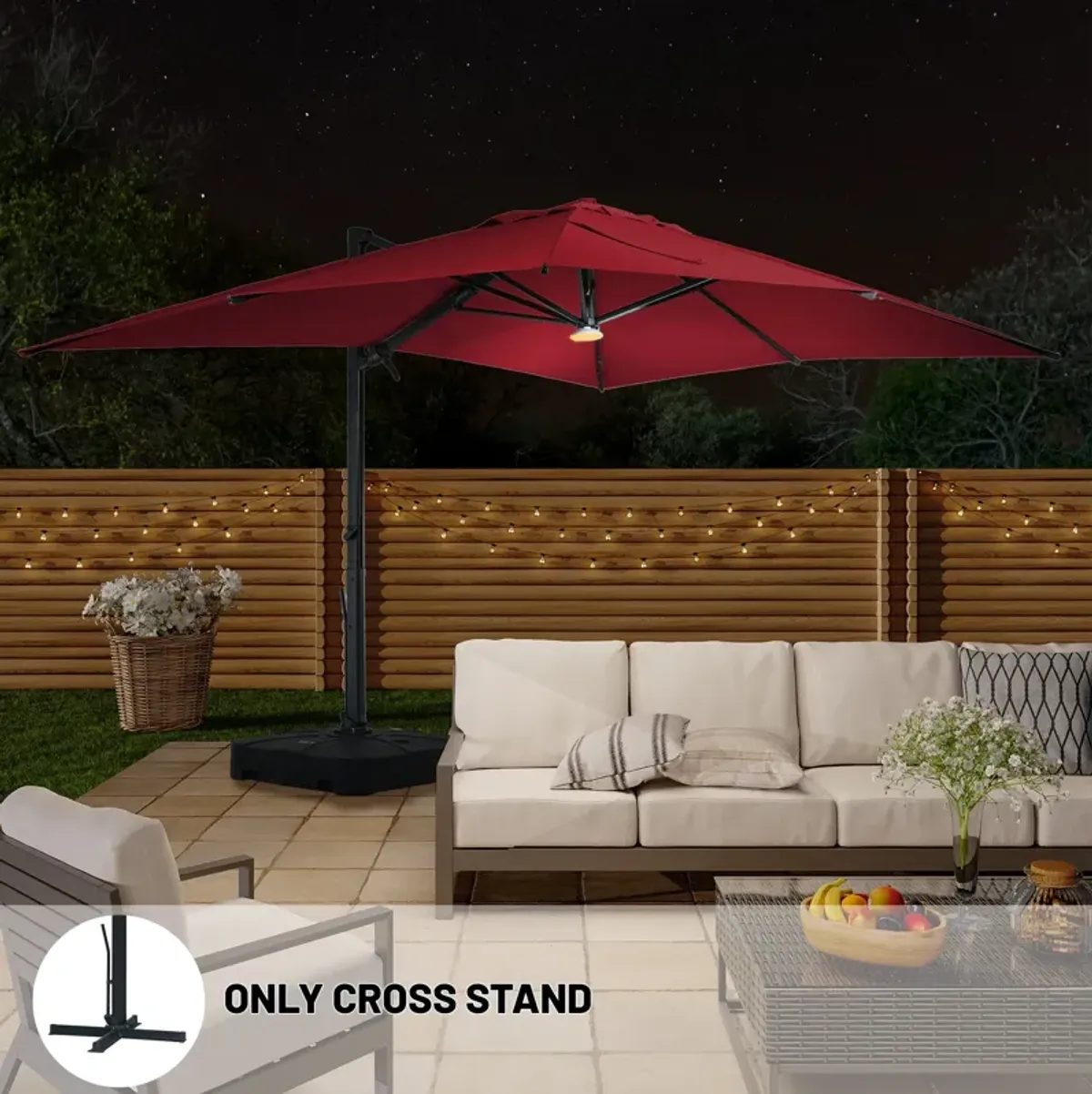 10x13 ft. 360° Rotation Square Cantilever Patio Umbrella with Bluetooth Speaker and LED Light in Red