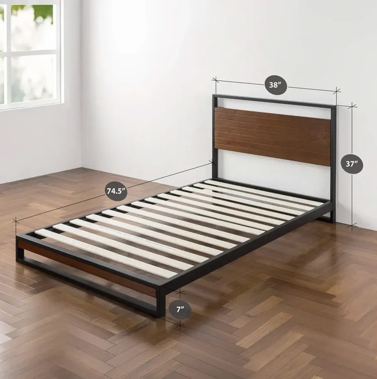 QuikFurn Twin size Metal Wood Platform Bed Frame with Headboard