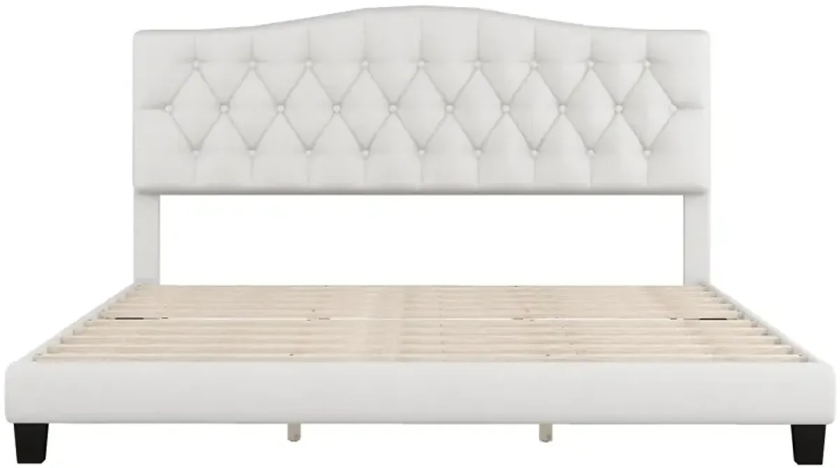 Upholstered Platform Bed With Saddle Curved Headboard And Diamond Tufted Details, King