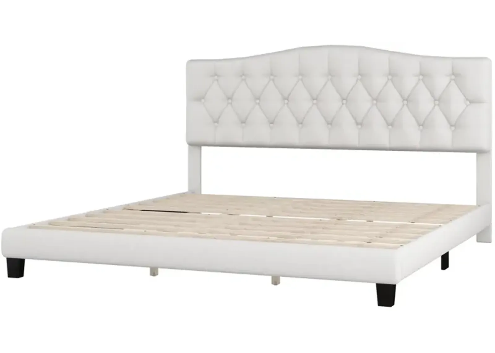 Upholstered Platform Bed With Saddle Curved Headboard And Diamond Tufted Details, King