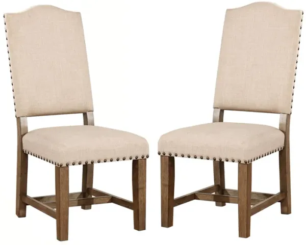 Fabric Upholstered Solid Wood Side Chair, Pack of Two, Beige and Brown-Benzara