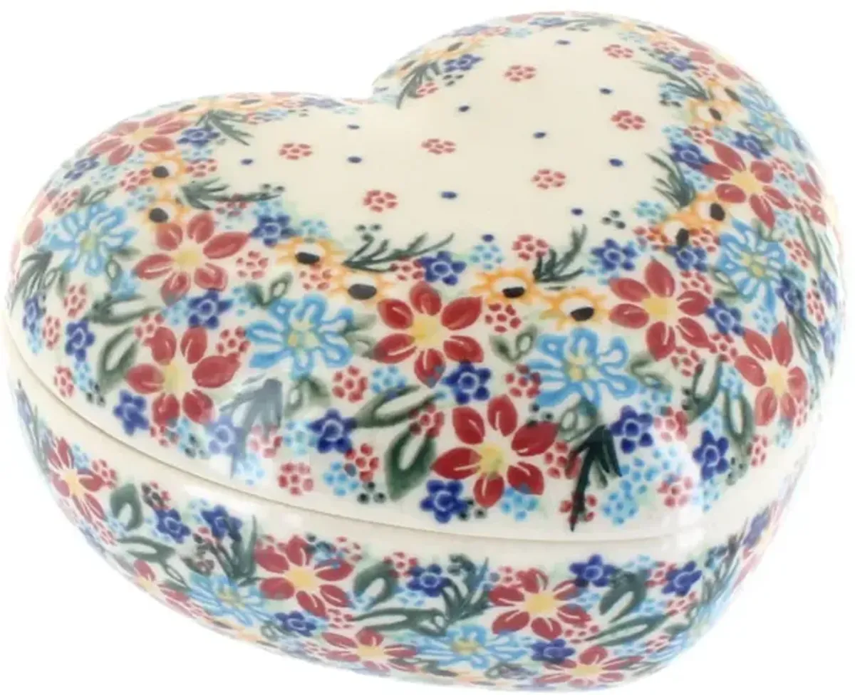 Blue Rose Polish Pottery Bluebird Garden Large Heart Box