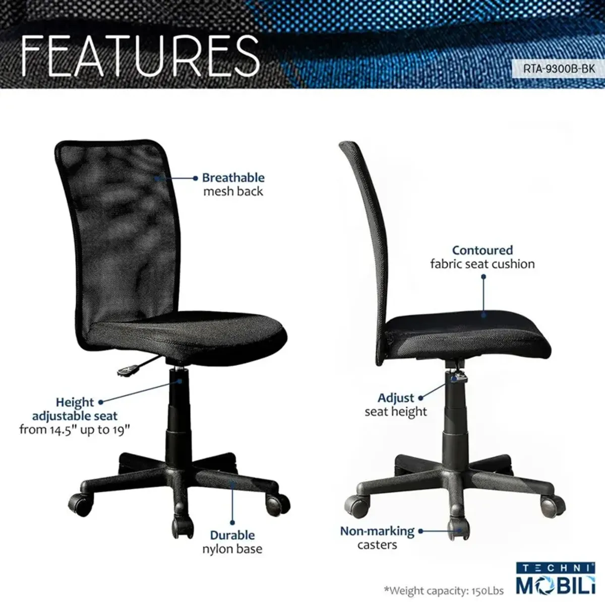 Techni Mobili Mesh Task Office Chair. Color : Black