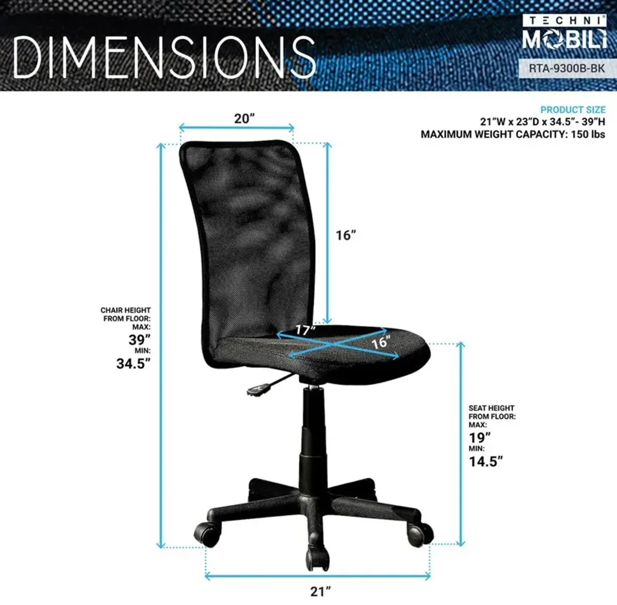 Techni Mobili Mesh Task Office Chair. Color : Black