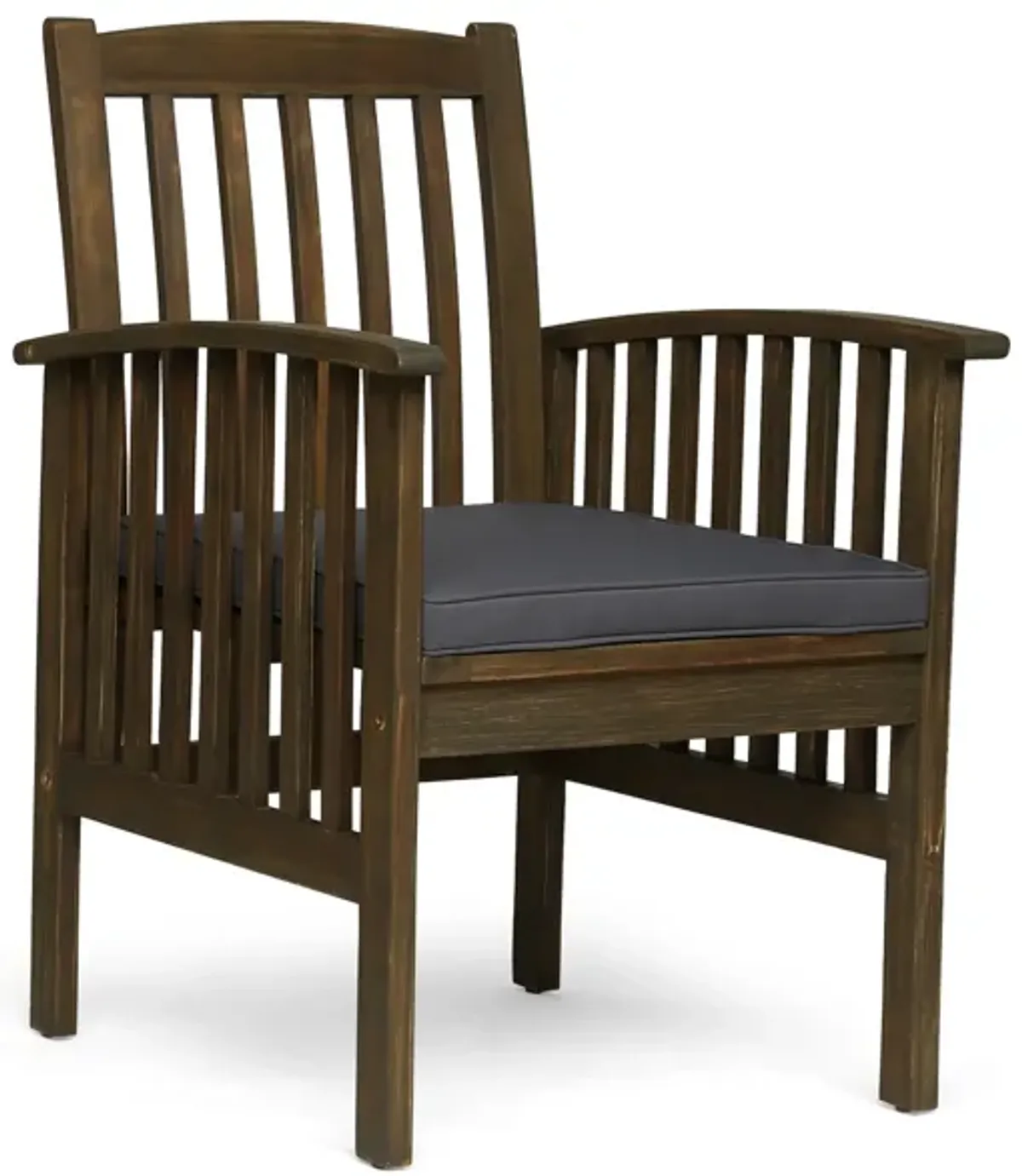 Gerry Dining Chair, Slatted Back Outdoor Natural Brown Wood, Dark Gray - Benzara