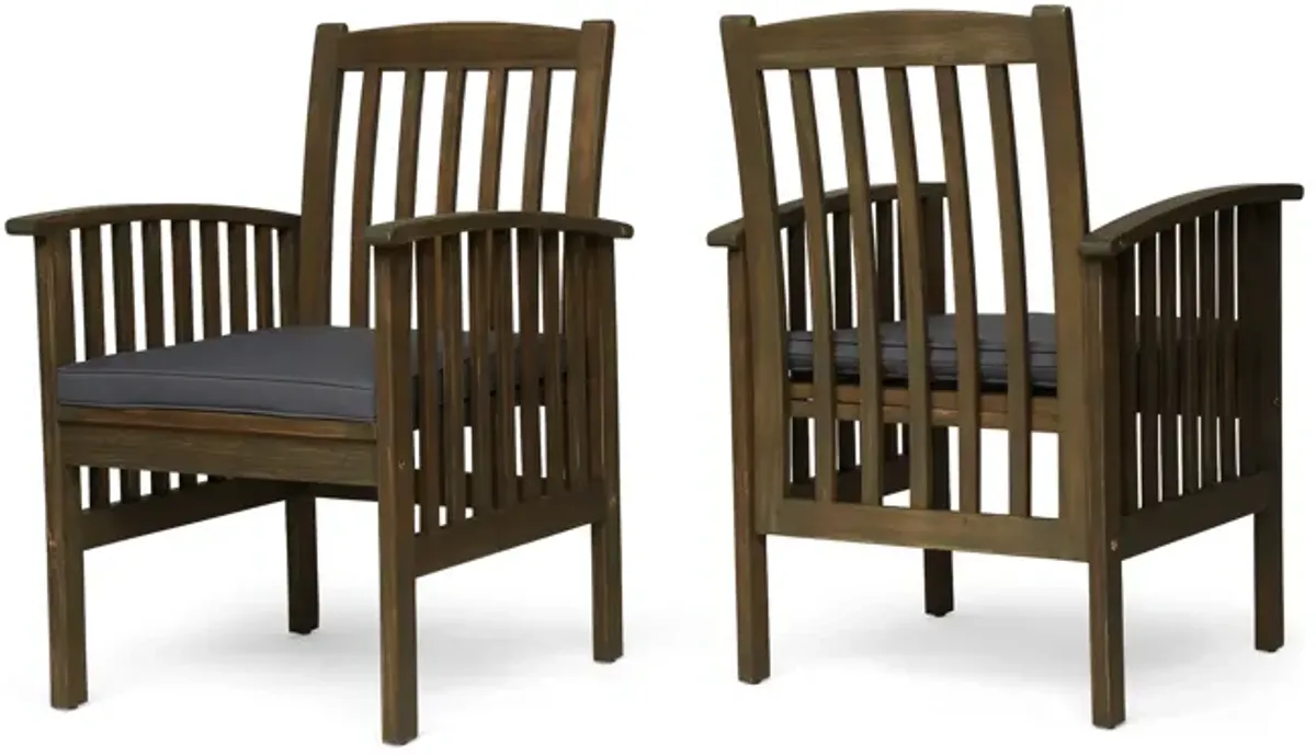 Gerry Dining Chair, Slatted Back Outdoor Natural Brown Wood, Dark Gray - Benzara