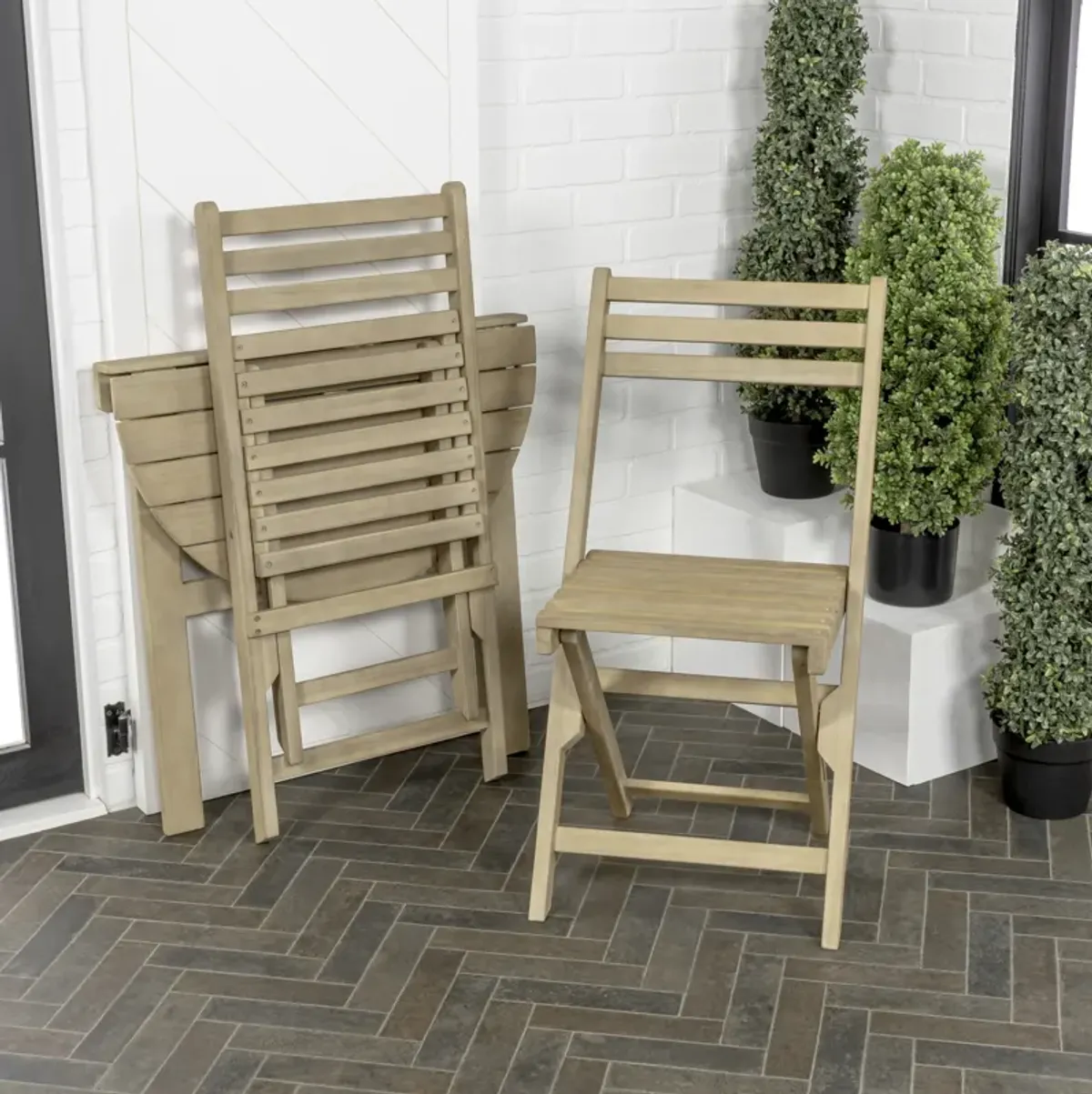 Cadiz Classic French Country 3-Piece Acacia Wood Half-Round Outdoor Folding Bistro Set