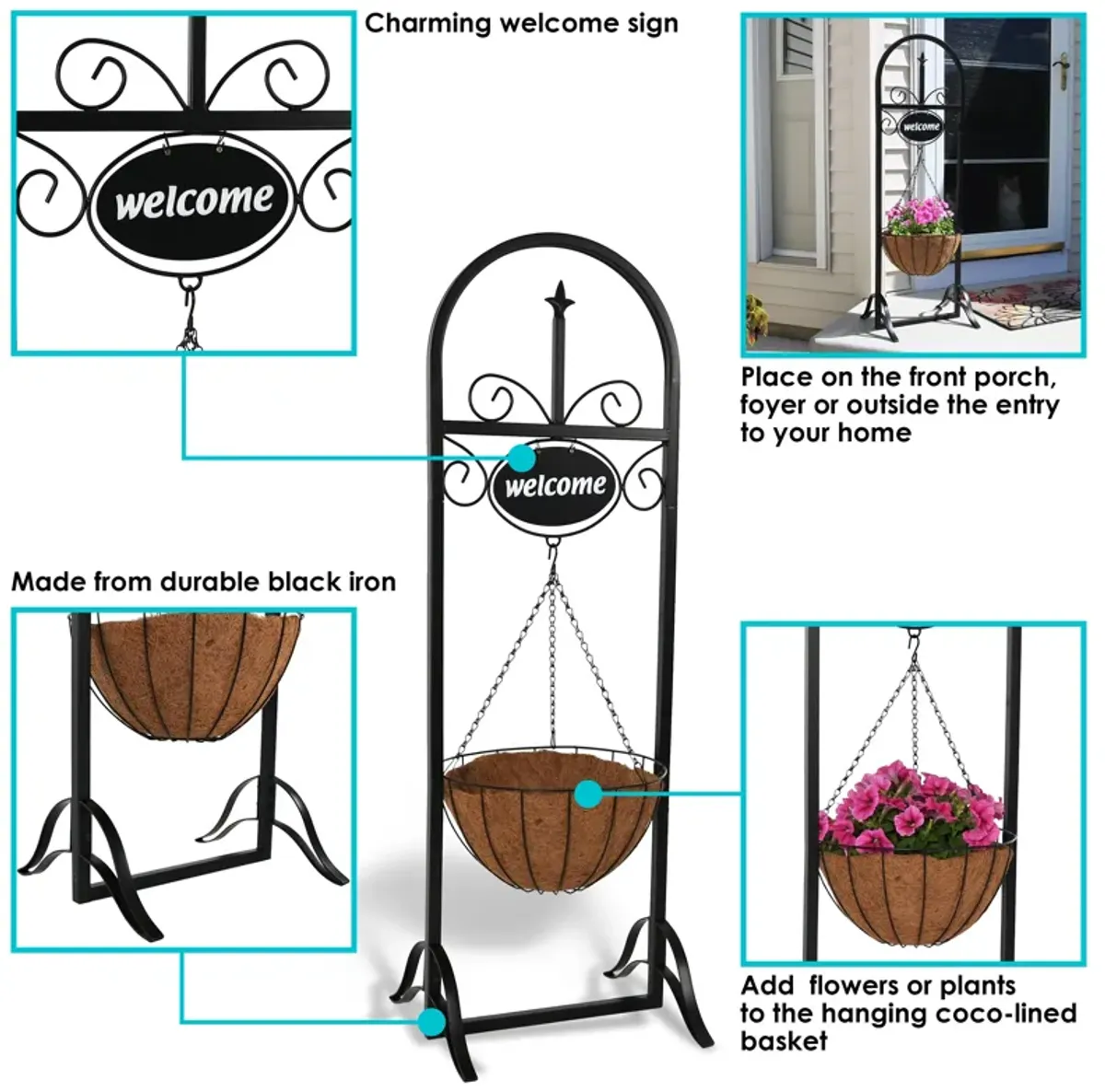 Sunnydaze Black Iron Frame Hanging Basket Planter with Welcome Sign - 48 in