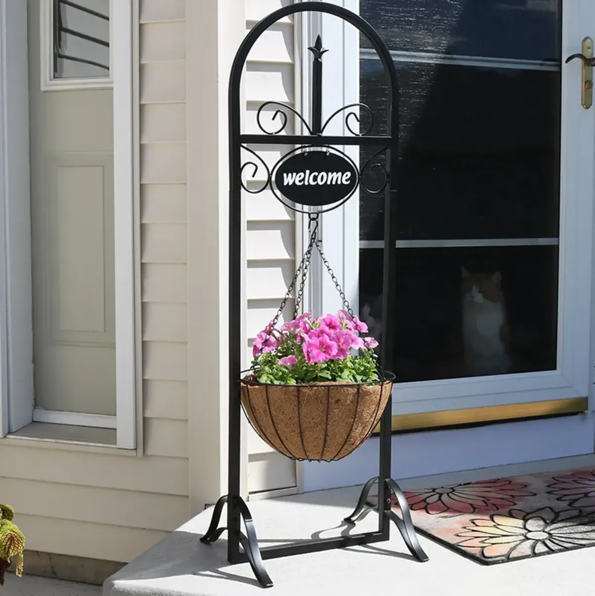 Sunnydaze Black Iron Frame Hanging Basket Planter with Welcome Sign - 48 in