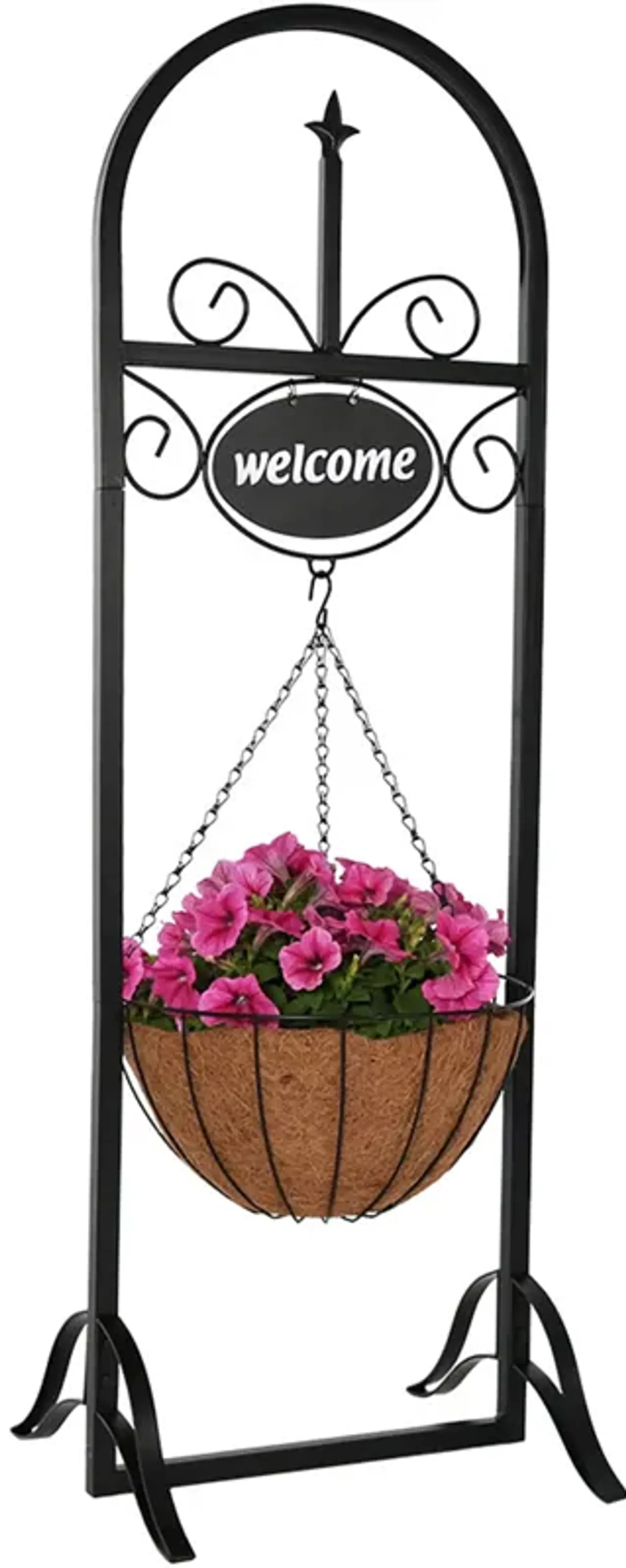 Sunnydaze Black Iron Frame Hanging Basket Planter with Welcome Sign - 48 in