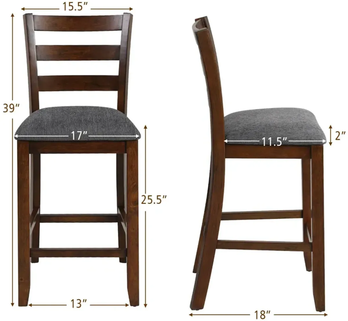 2 Pieces Counter Height Chairs with Fabric Seat and Rubber Wood Legs