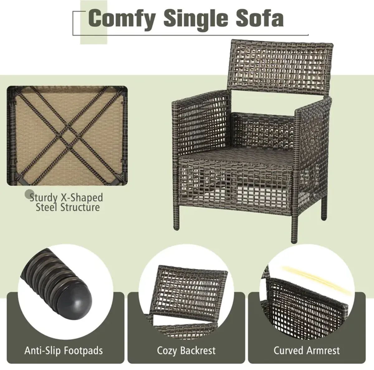 3 Pieces Patio Rattan Conversation Sets with Cushioned Sofas and Wood Table Top