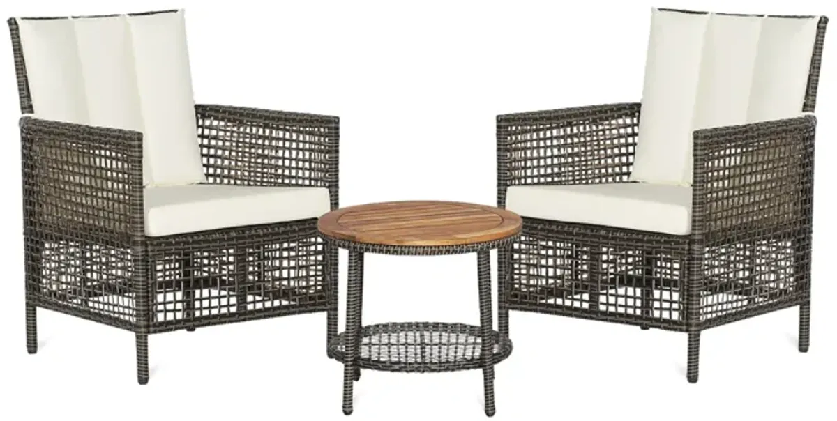 3 Pieces Patio Rattan Conversation Sets with Cushioned Sofas and Wood Table Top