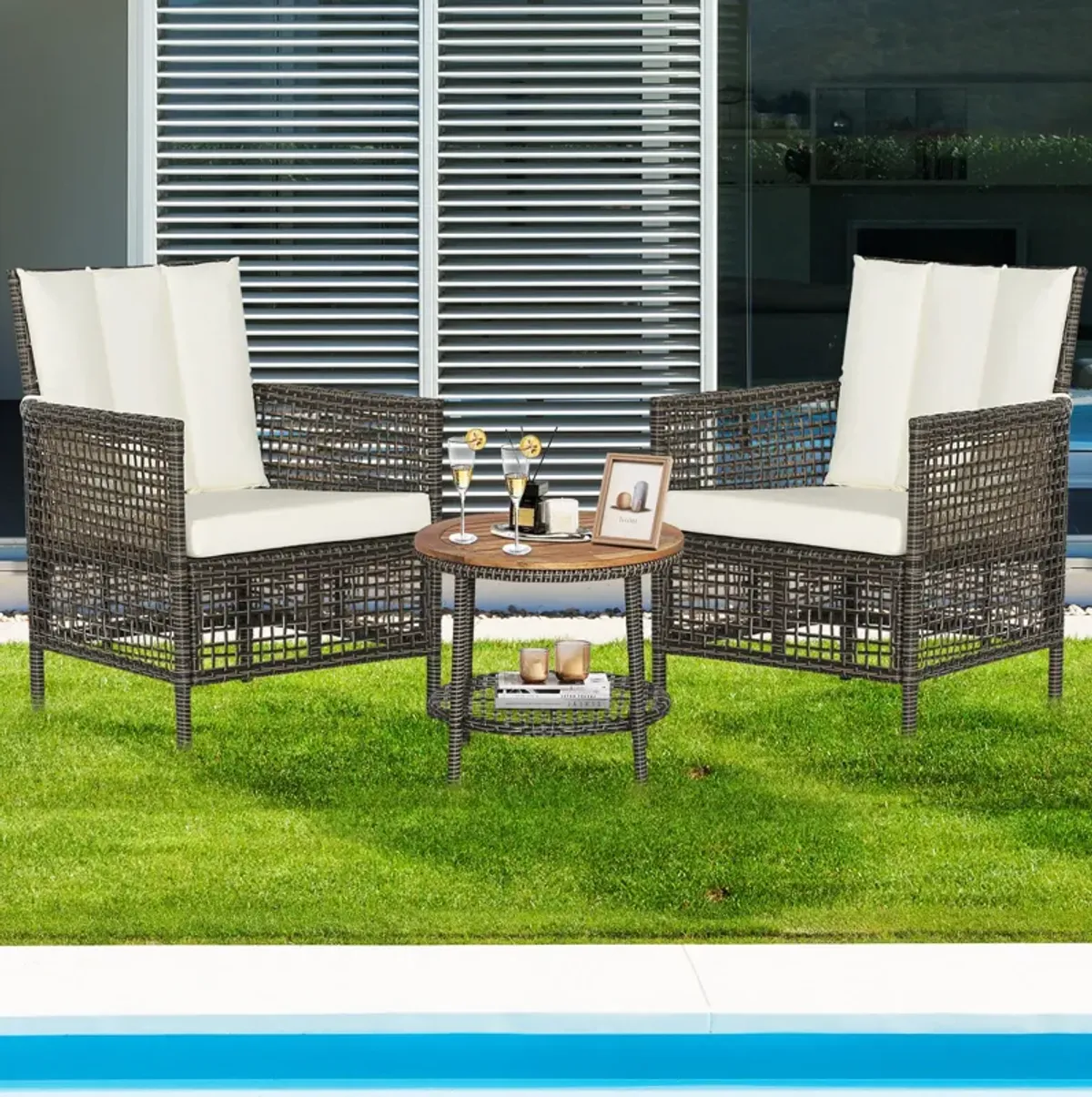 3 Pieces Patio Rattan Conversation Sets with Cushioned Sofas and Wood Table Top