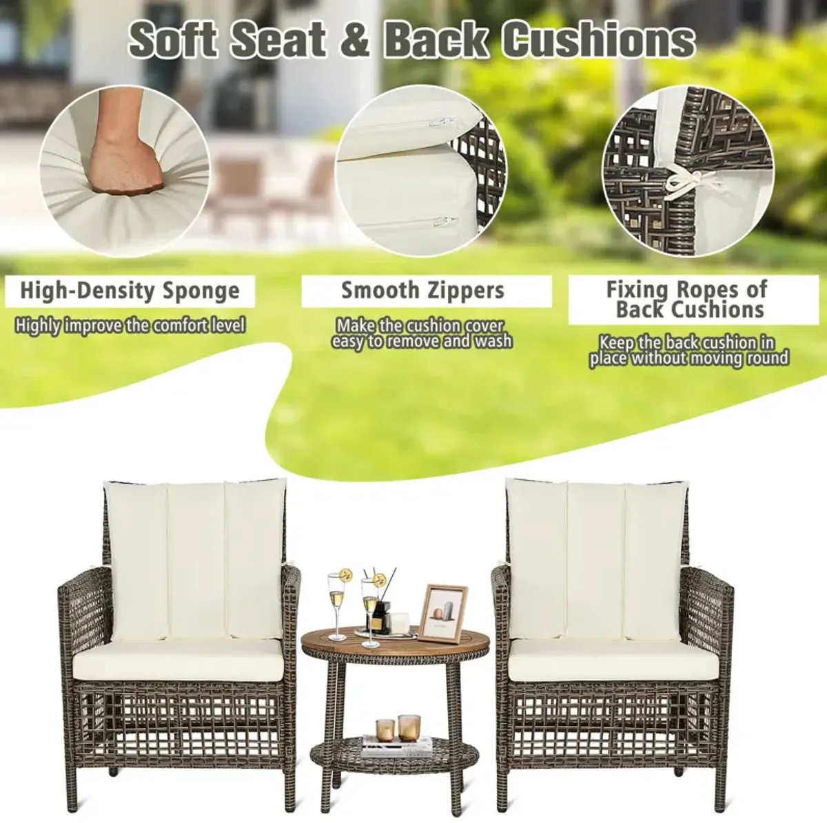 3 Pieces Patio Rattan Conversation Sets with Cushioned Sofas and Wood Table Top