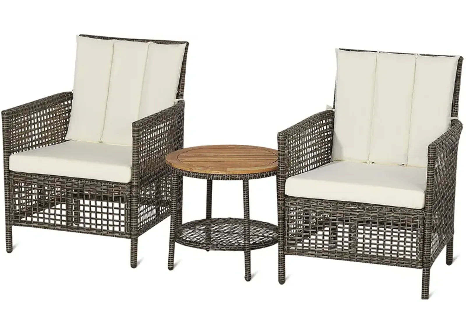 3 Pieces Patio Rattan Conversation Sets with Cushioned Sofas and Wood Table Top