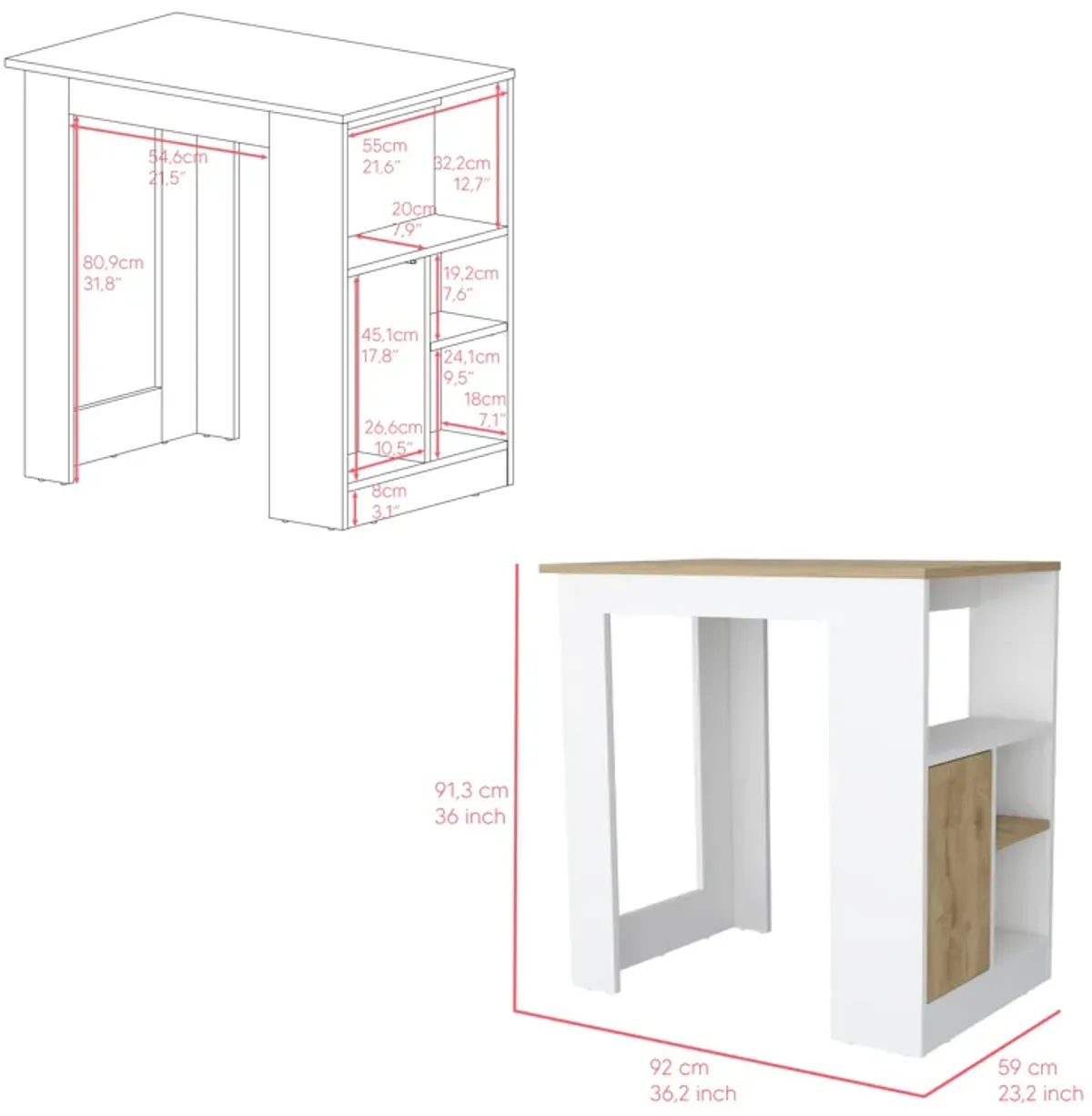 Kitchen Island Wynne, Kitchen, White / Macadamia