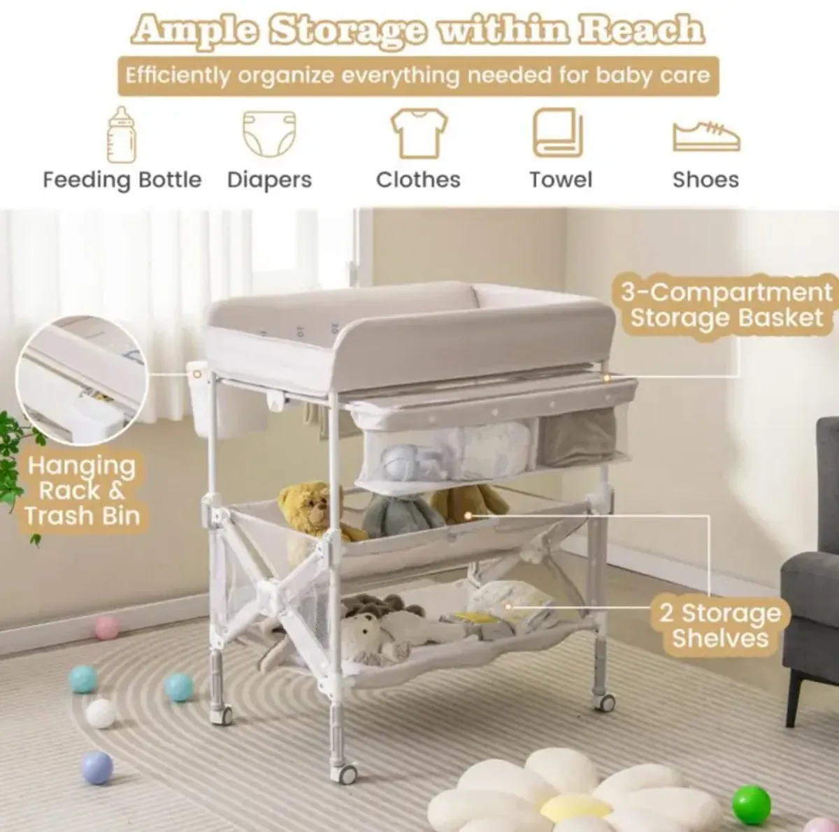 Portable Baby Changing Table with Wheels and Large Storage Rack