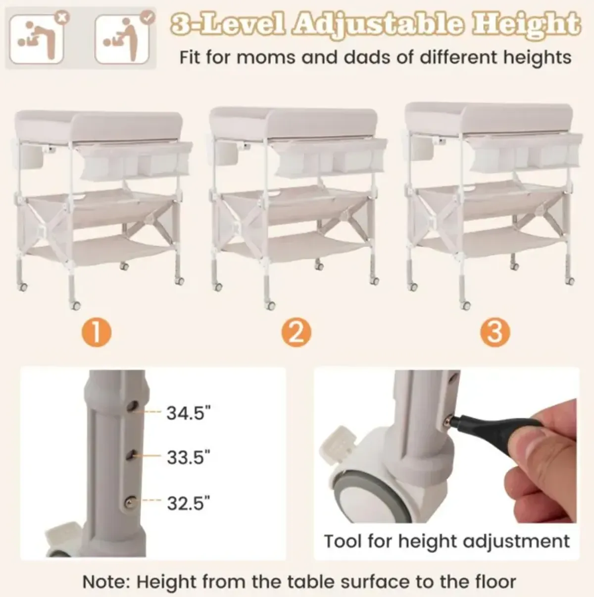 Portable Baby Changing Table with Wheels and Large Storage Rack