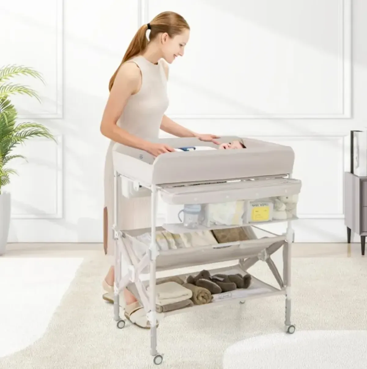 Portable Baby Changing Table with Wheels and Large Storage Rack