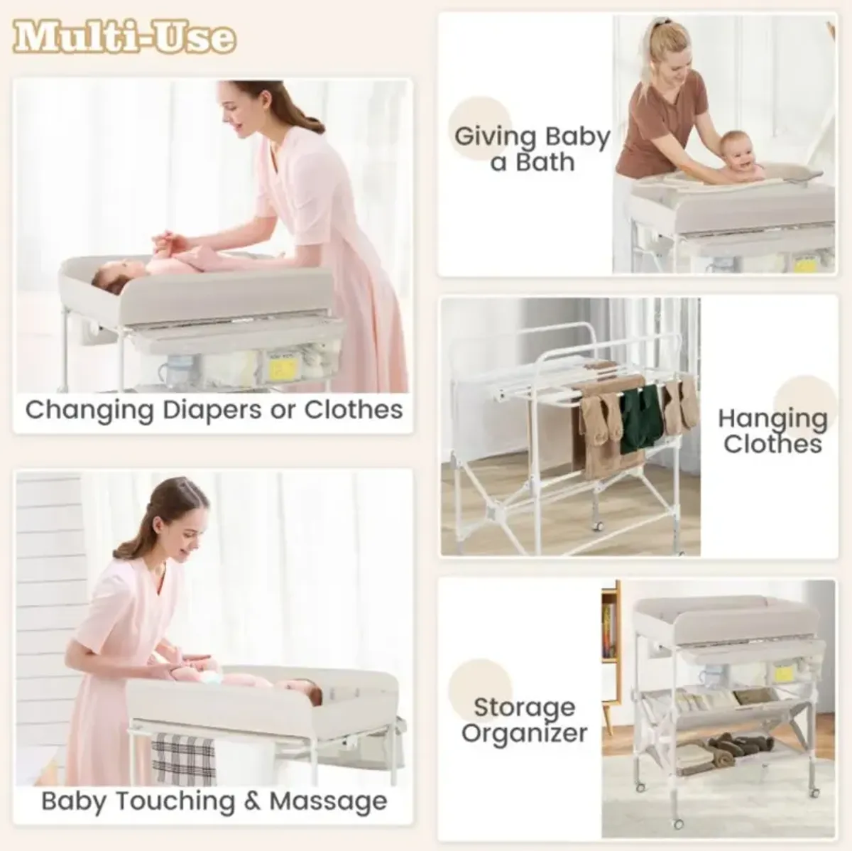 Portable Baby Changing Table with Wheels and Large Storage Rack