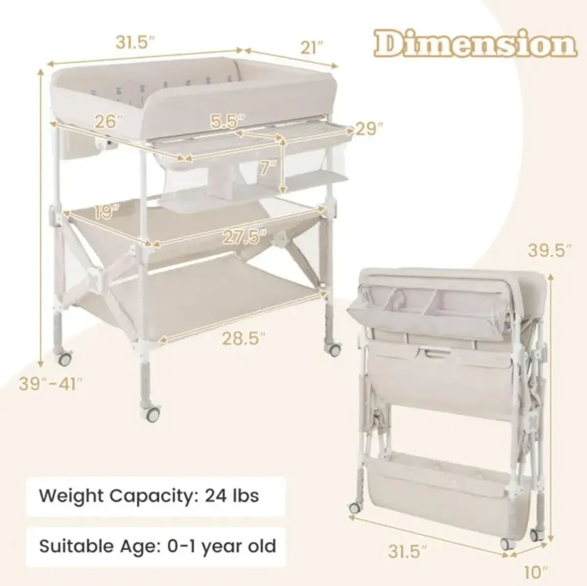 Portable Baby Changing Table with Wheels and Large Storage Rack