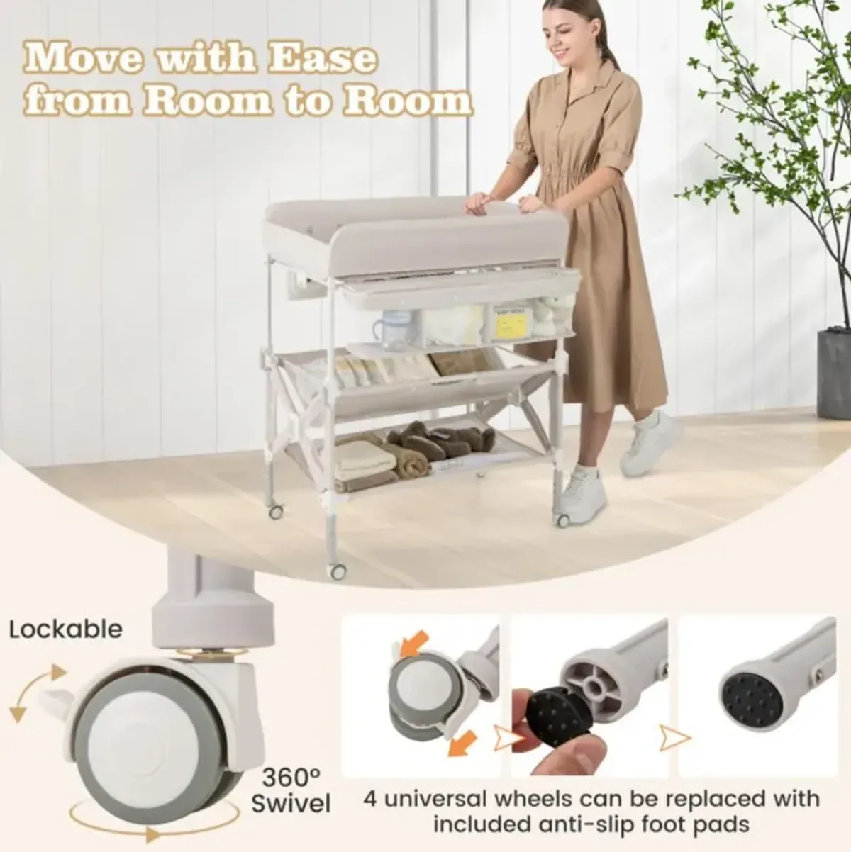 Portable Baby Changing Table with Wheels and Large Storage Rack