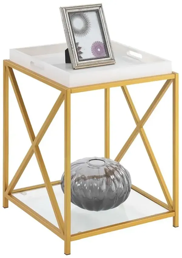 Convenience Concepts St. Andrews End Table with Shelf and Removable Trays, White/Gold