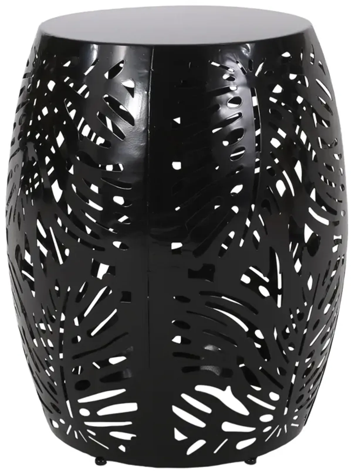 Miami Outdoor End Table Stool, Palm Leaf Pattern, Black Iron, 17 Inch - Benzara