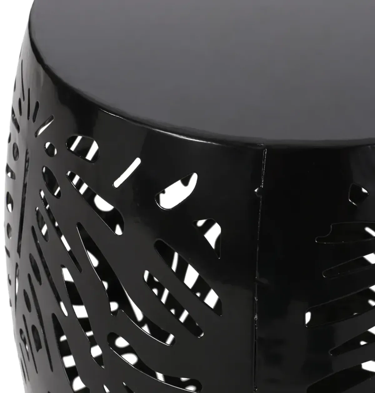 Miami Outdoor End Table Stool, Palm Leaf Pattern, Black Iron, 17 Inch - Benzara