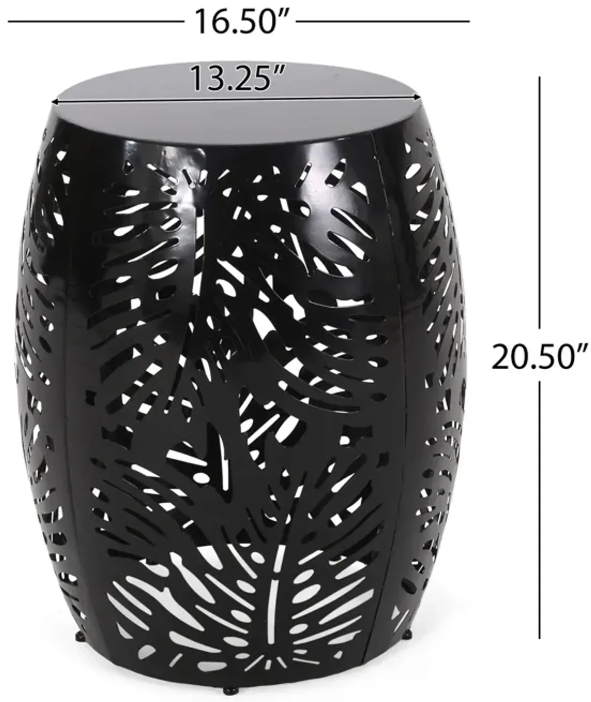 Miami Outdoor End Table Stool, Palm Leaf Pattern, Black Iron, 17 Inch - Benzara