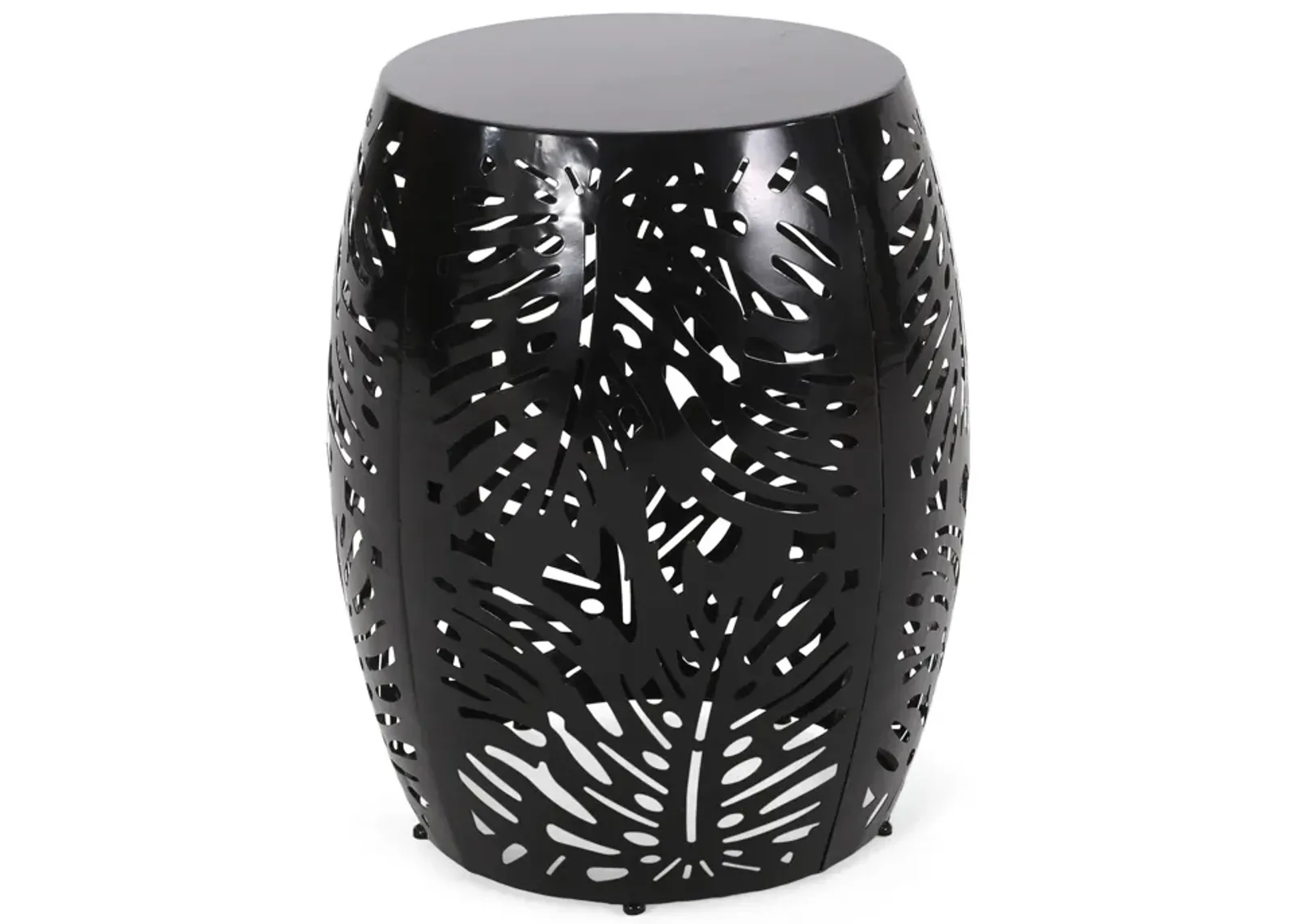 Miami Outdoor End Table Stool, Palm Leaf Pattern, Black Iron, 17 Inch - Benzara