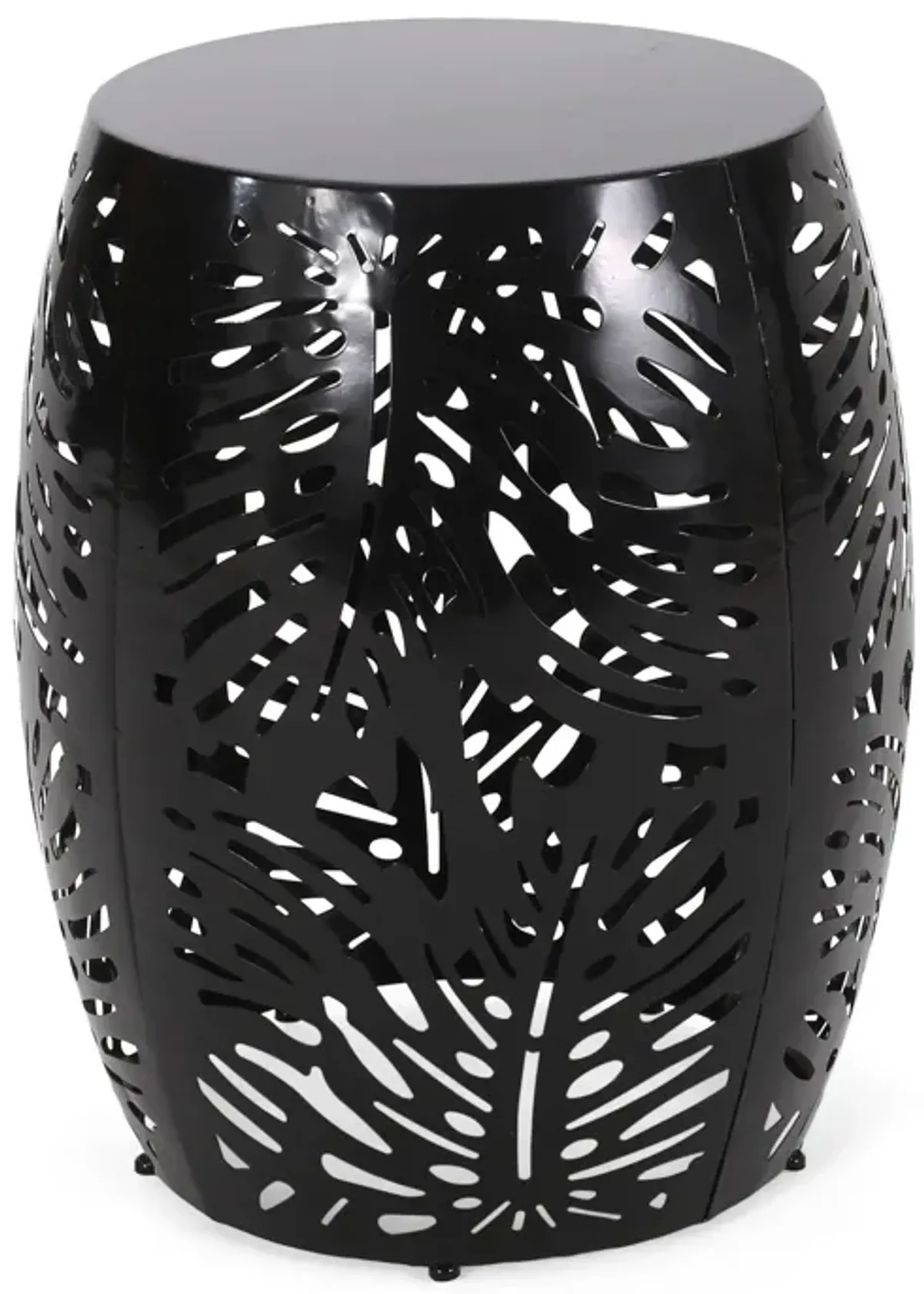 Miami Outdoor End Table Stool, Palm Leaf Pattern, Black Iron, 17 Inch - Benzara