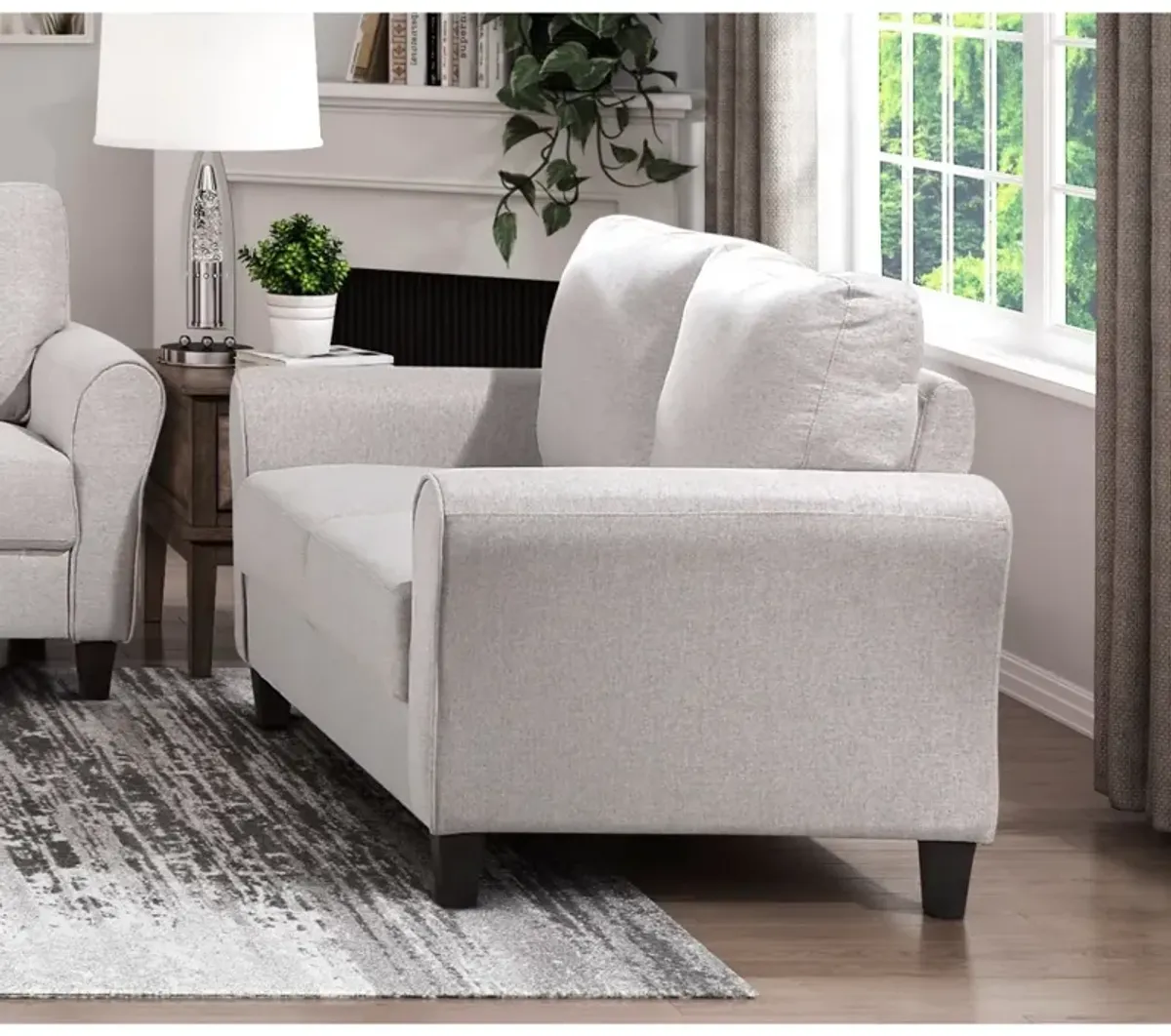 Transitional Sand Fabric Loveseat with Attached Cushion