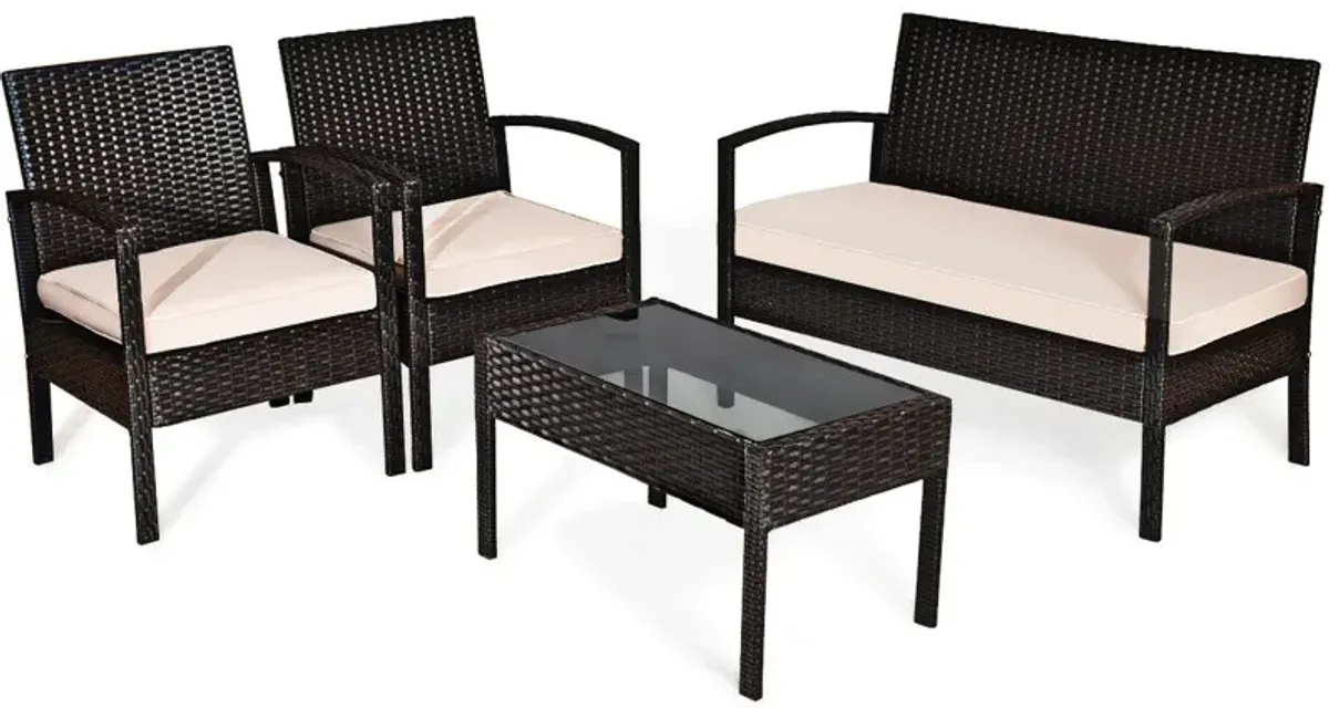 4 Pieces Patio Ratten Conversation Set with Loveseat Sofas and Coffee Table