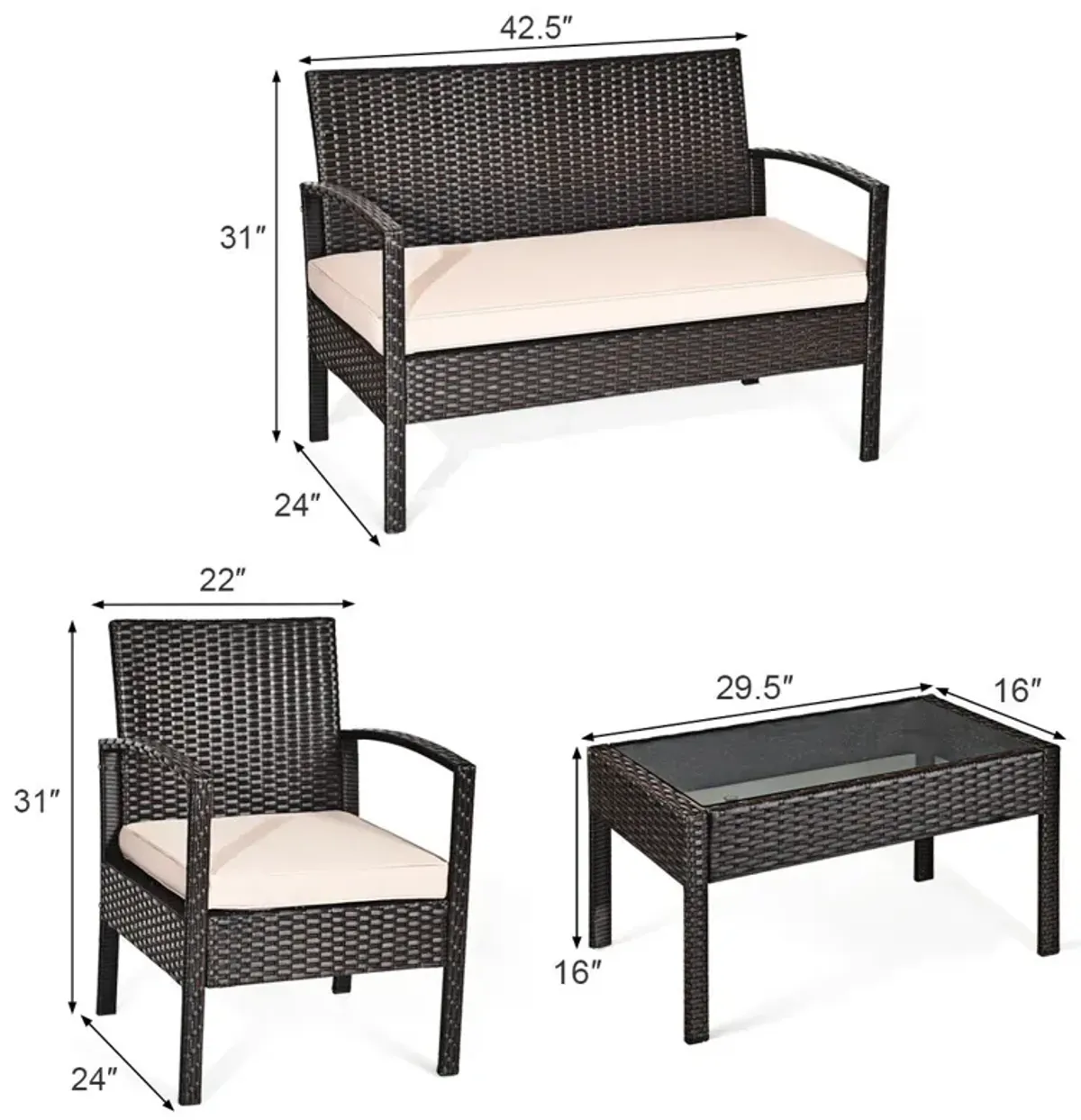 4 Pieces Patio Ratten Conversation Set with Loveseat Sofas and Coffee Table