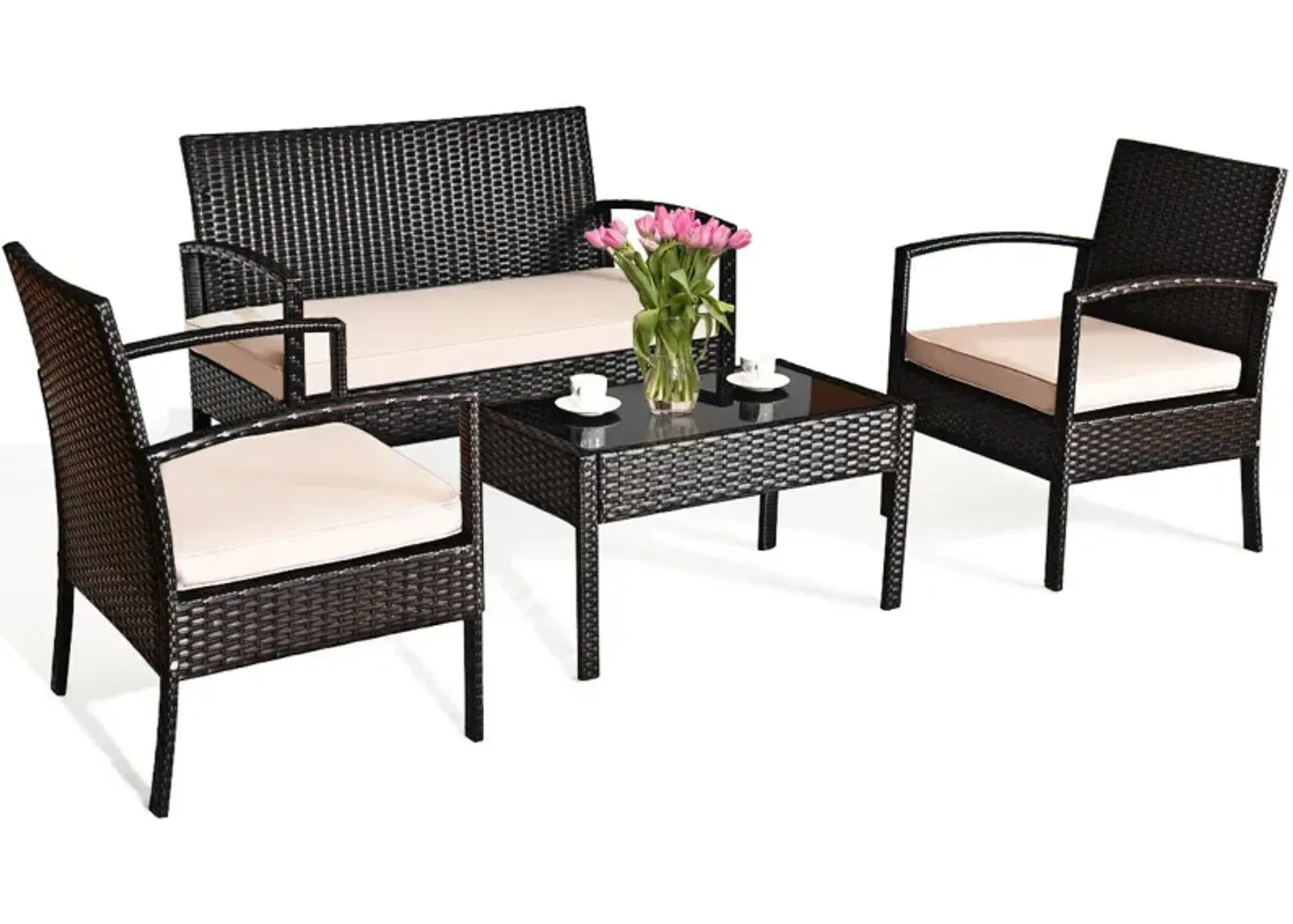 4 Pieces Patio Ratten Conversation Set with Loveseat Sofas and Coffee Table