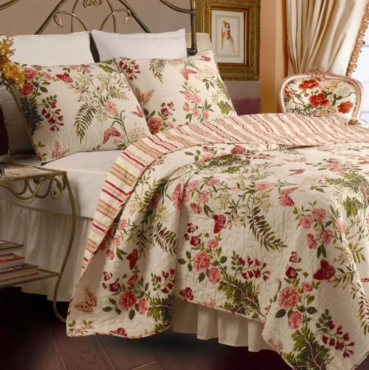 QuikFurn Twin size 100% Cotton Quilt Set with Sham in Pink Floral Butterfly