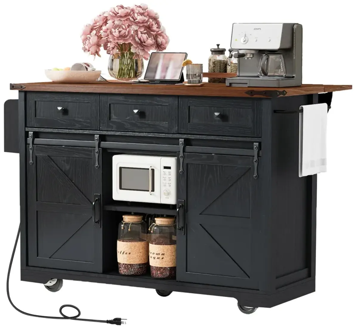 Farmhouse Kitchen Storage Island with Power Outlet, Drop Leaf & Barn Doors