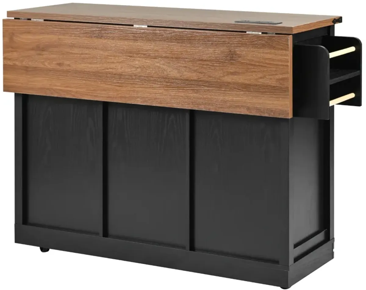 Farmhouse Kitchen Storage Island with Power Outlet, Drop Leaf & Barn Doors