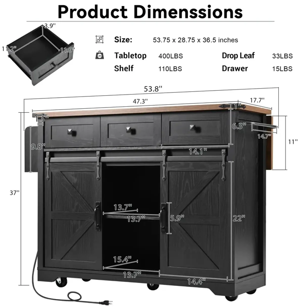 Farmhouse Kitchen Storage Island with Power Outlet, Drop Leaf & Barn Doors