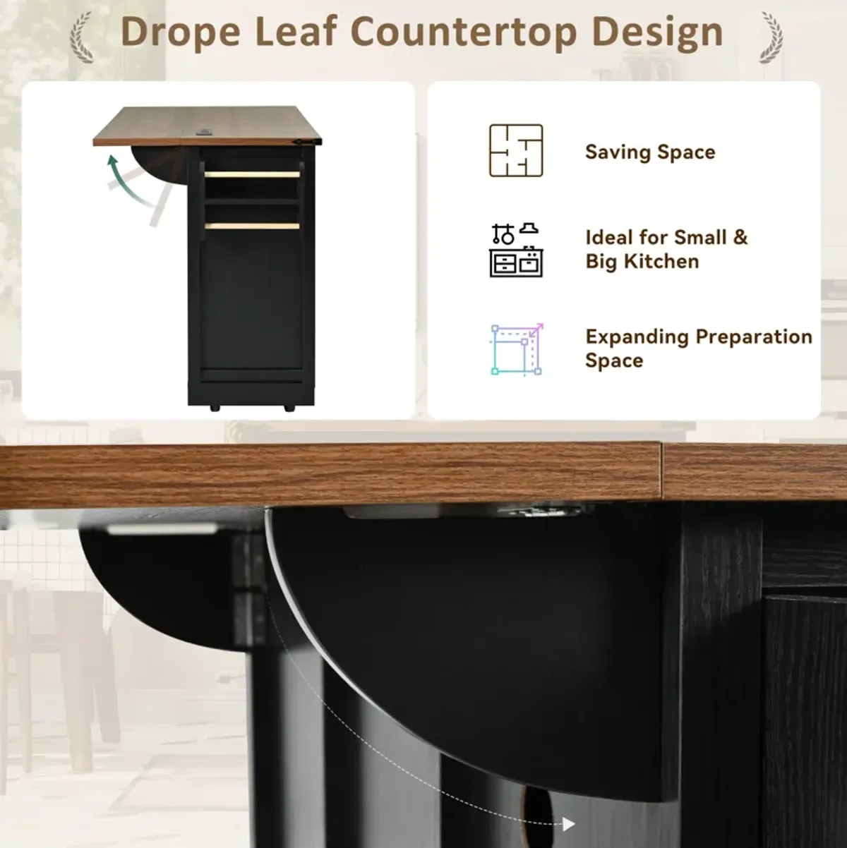Farmhouse Kitchen Storage Island with Power Outlet, Drop Leaf & Barn Doors