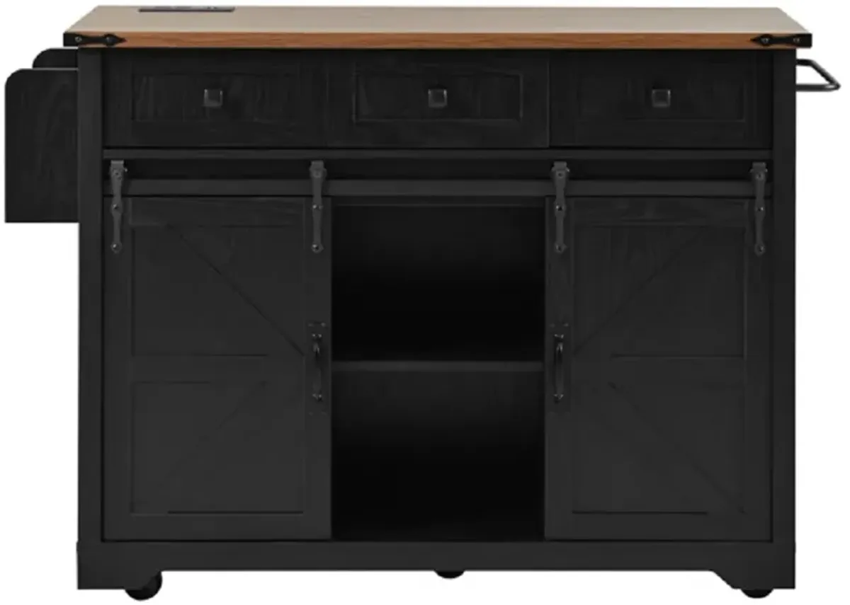 Farmhouse Kitchen Storage Island with Power Outlet, Drop Leaf & Barn Doors