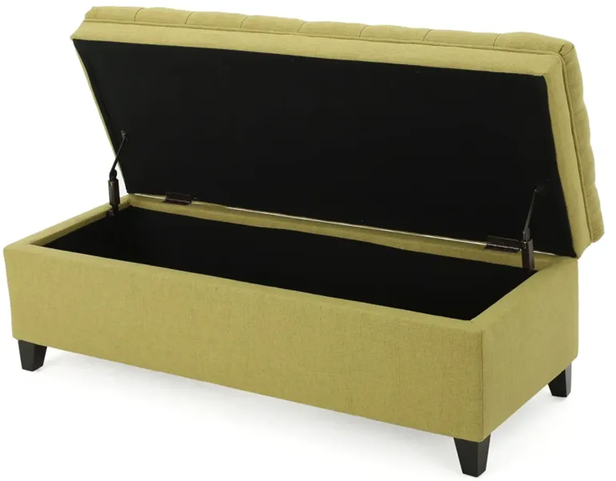 Rhya Storage Ottoman Bench, Soft Green Fabric, Black Wood, 50 Inch -Benzara