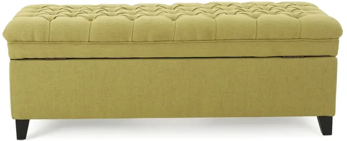 Rhya Storage Ottoman Bench, Soft Green Fabric, Black Wood, 50 Inch -Benzara