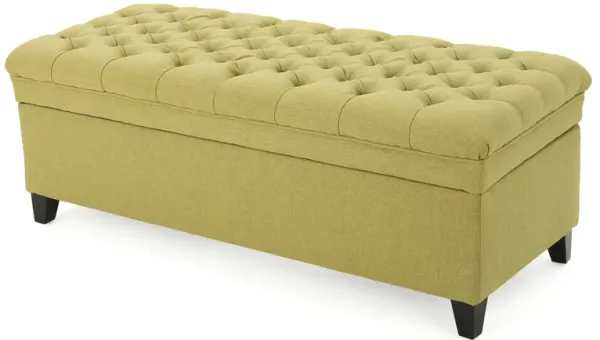 Rhya Storage Ottoman Bench, Soft Green Fabric, Black Wood, 50 Inch - Benzara